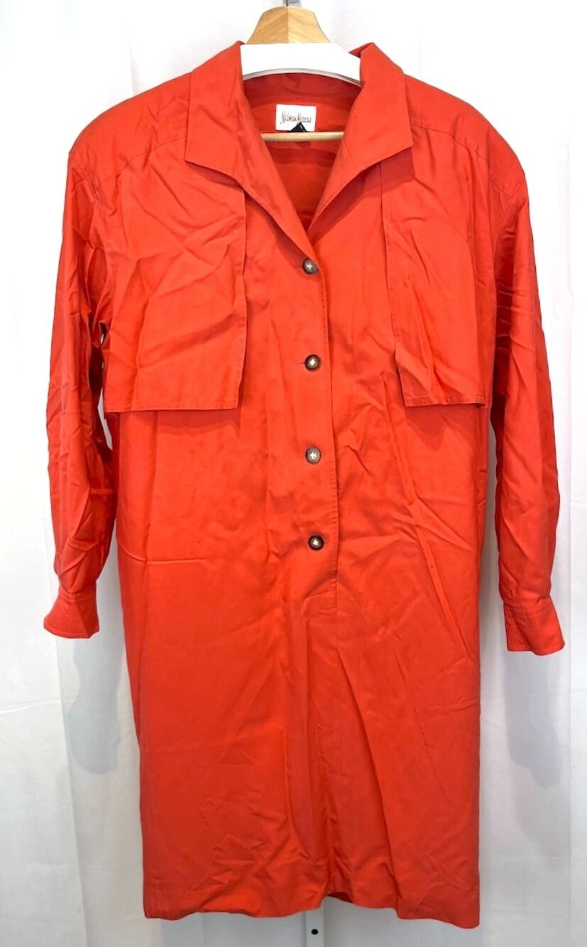 VTG NEIMAN MARCUS Size 6 100% Silk Shirtdress Dress Trench Shoulder Pads Orange